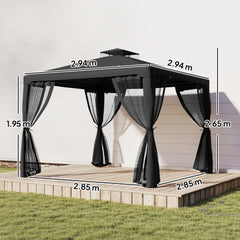 Outsunny 3 x 3 m Metal Gazebo, Garden Pavillion, Double Roof Outdoor Canopy Shelter with Mesh Sidewalls, Black