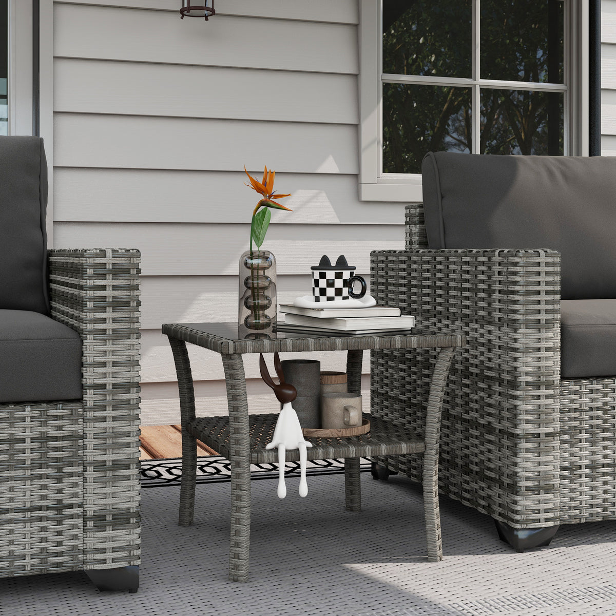 Outsunny Two-tier PE Rattan Square Coffee Table - Grey