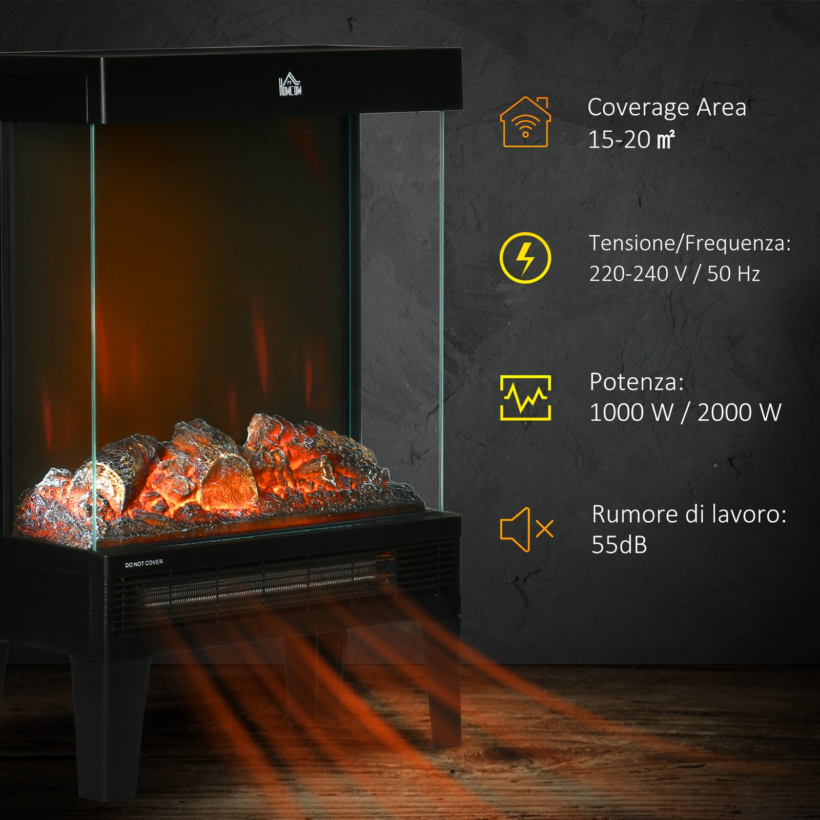 HOMCOM 180° Charming Electric Fireplace Heater, Quiet Freestanding Stove with LED Flame Effect, 3-Sided Tempered Glass Panels, Level-less Temperature Control, Overheat Protection, 1000W/2000W, Black