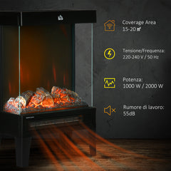 HOMCOM 180° Charming Electric Fireplace Heater, Quiet Freestanding Stove with LED Flame Effect, 3-Sided Tempered Glass Panels, Level-less Temperature Control, Overheat Protection, 1000W/2000W, Black
