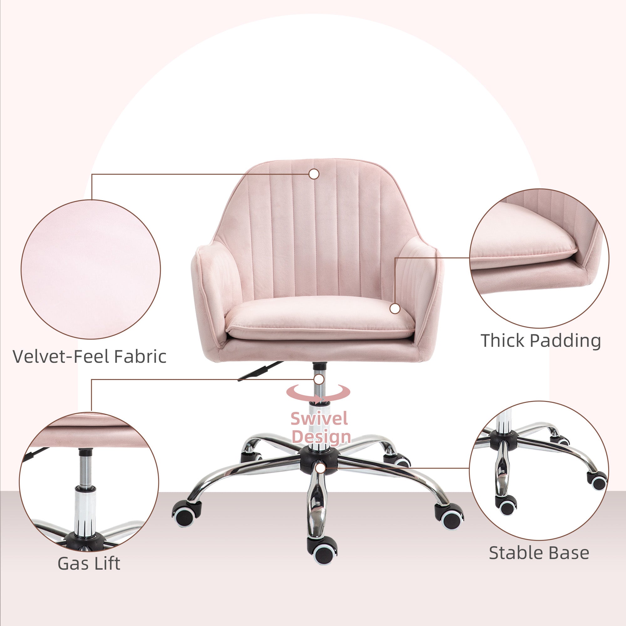 HOMCOM Velvet-Feel Tub Office Chair, with Seat Cushion - Pink