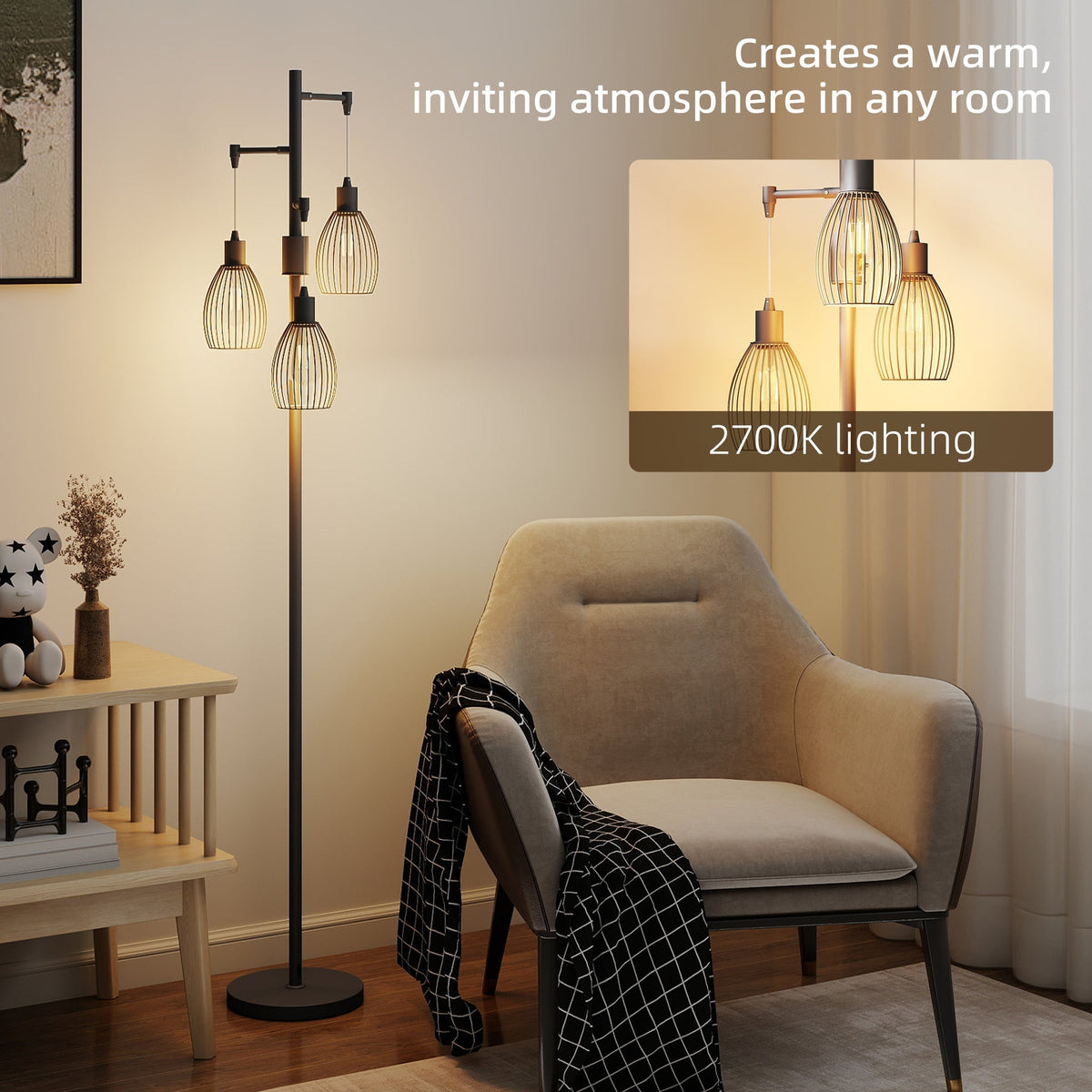 HOMCOM 3-Light LED Floor Lamp, 170cm Industrial Dimmable Standing Lamp with Steel Wire Cage Lampshades, 2700K for Living Room, Bedroom, Dining Room, Study, Black
