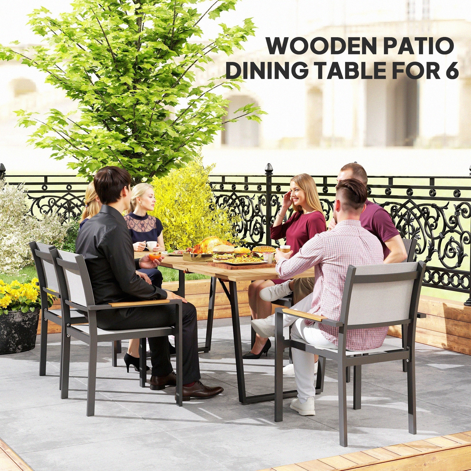 Outsunny 6 Seater Wooden Garden Dining Table, 175 x 80 cm Rectangular Outdoor Dining Table with 5cm Parasol Hole and Slatted Top, Weather Resistant for Patio, Terrace, Brown