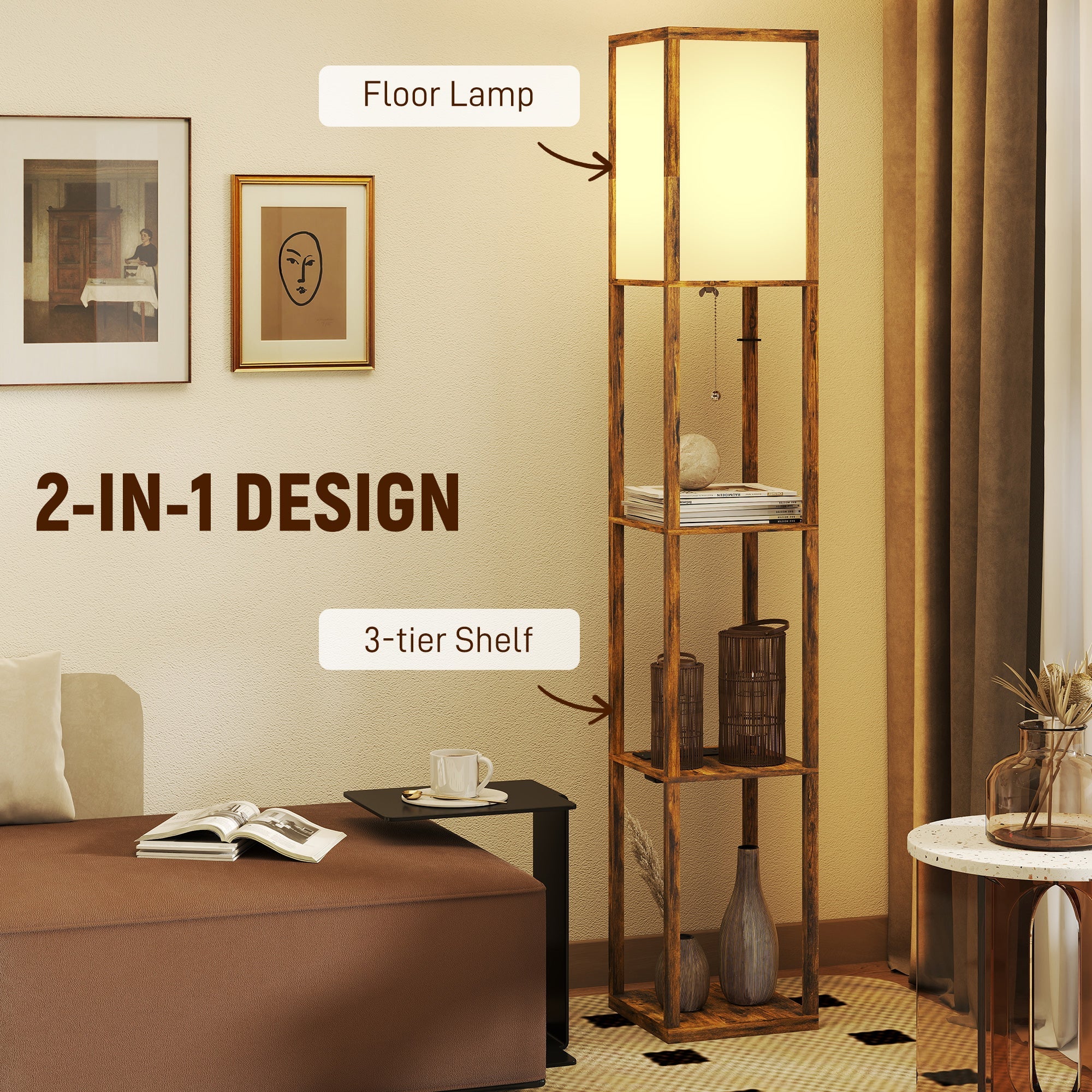 HOMCOM Floor Lamp with Shelves, 4 Layer Standing Lamp with USB Ports, 3 Colour Temperature, Rustic Brown