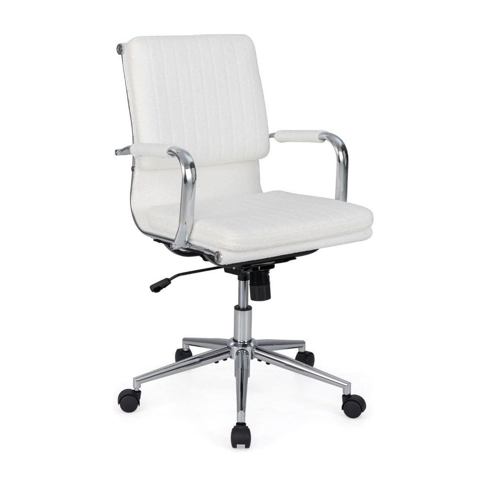 Ergonomic Computer Desk Chair with Rocking Backrest, a white office chair with chrome accents and a padded seat and backrest