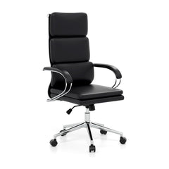 Ergonomic Leather Office Chair in black with a high backrest and a chrome five-star base with wheels
