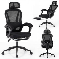 Ergonomic Mesh Office Chair with headrest and retractable footrest in black