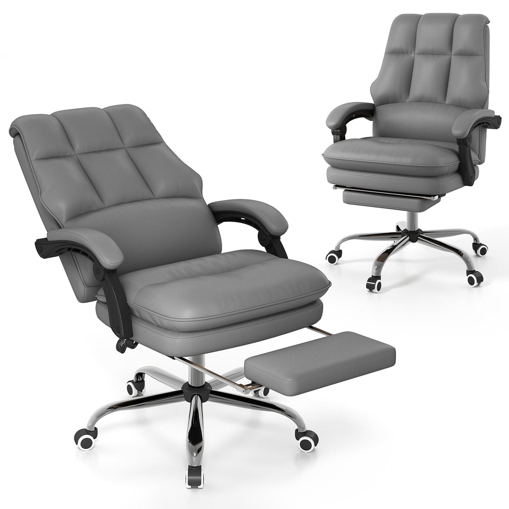 Ergonomic Office Chair in grey PU leather with a retractable footrest shown from two angles