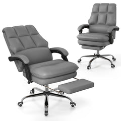 Ergonomic Office Chair in grey PU leather with a retractable footrest shown from two angles