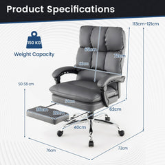 The office chair with overlaid arrows and text indicating various product dimensions