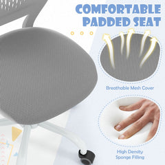 Close up of the padded seat and breathable mesh back of the kids study chair