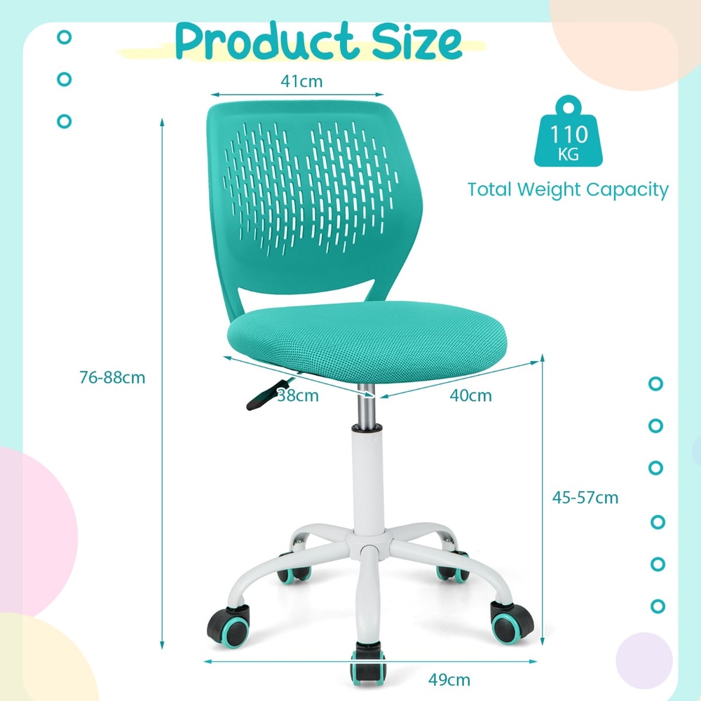 The kids chair shown with technical lines and arrows indicating the dimensions of the seat and frame