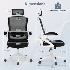 The office chair with arrows indicating height and width measurements