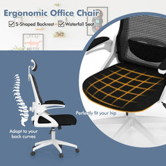 The office chair highlighting the curved backrest and cushioned seat