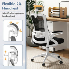 The office chair with diagrams showing the adjustable headrest movement