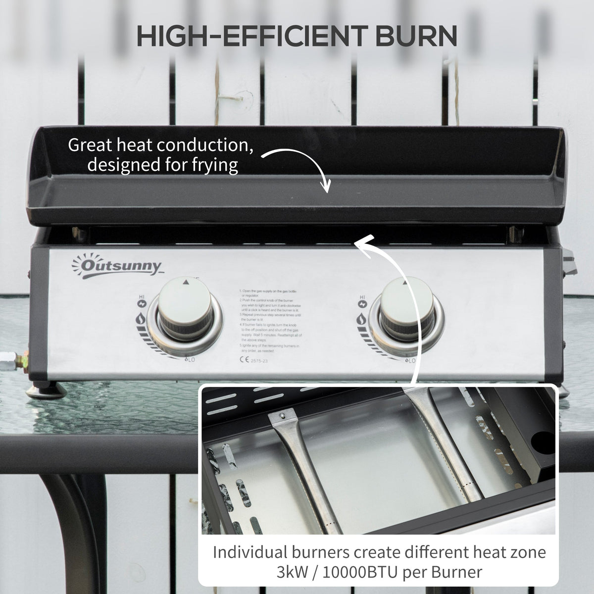 Outsunny Gas Plancha Barbecue Grill with 2 Stainless Steel Burner, 6kW, Portable Tabletop Gas BBQ with Non-Stick Griddle for Camping Picnic Garden Party Festival