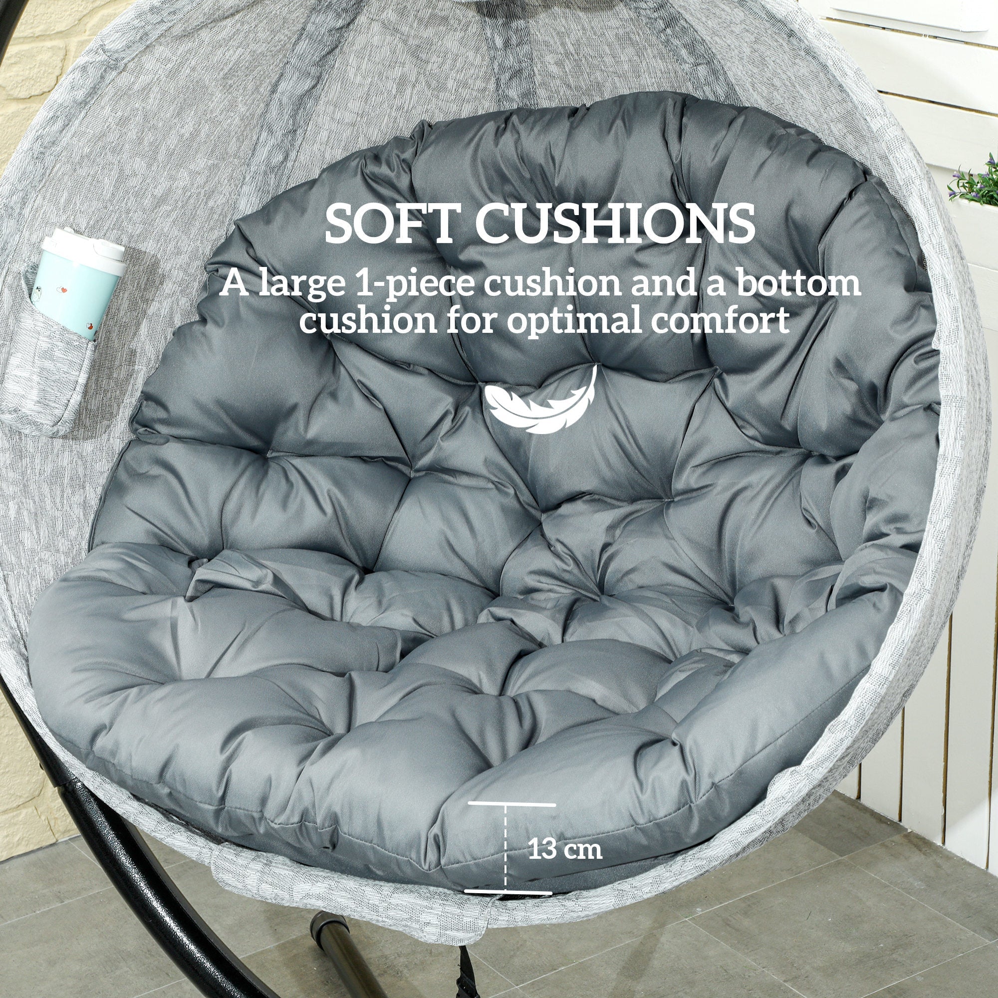 Outsunny Hanging Egg Chair Outdoor Indoor Garden Swing Chair with Folding Basket, Thickened Cushion, Cup Holder for Patio, Balcony, Grey