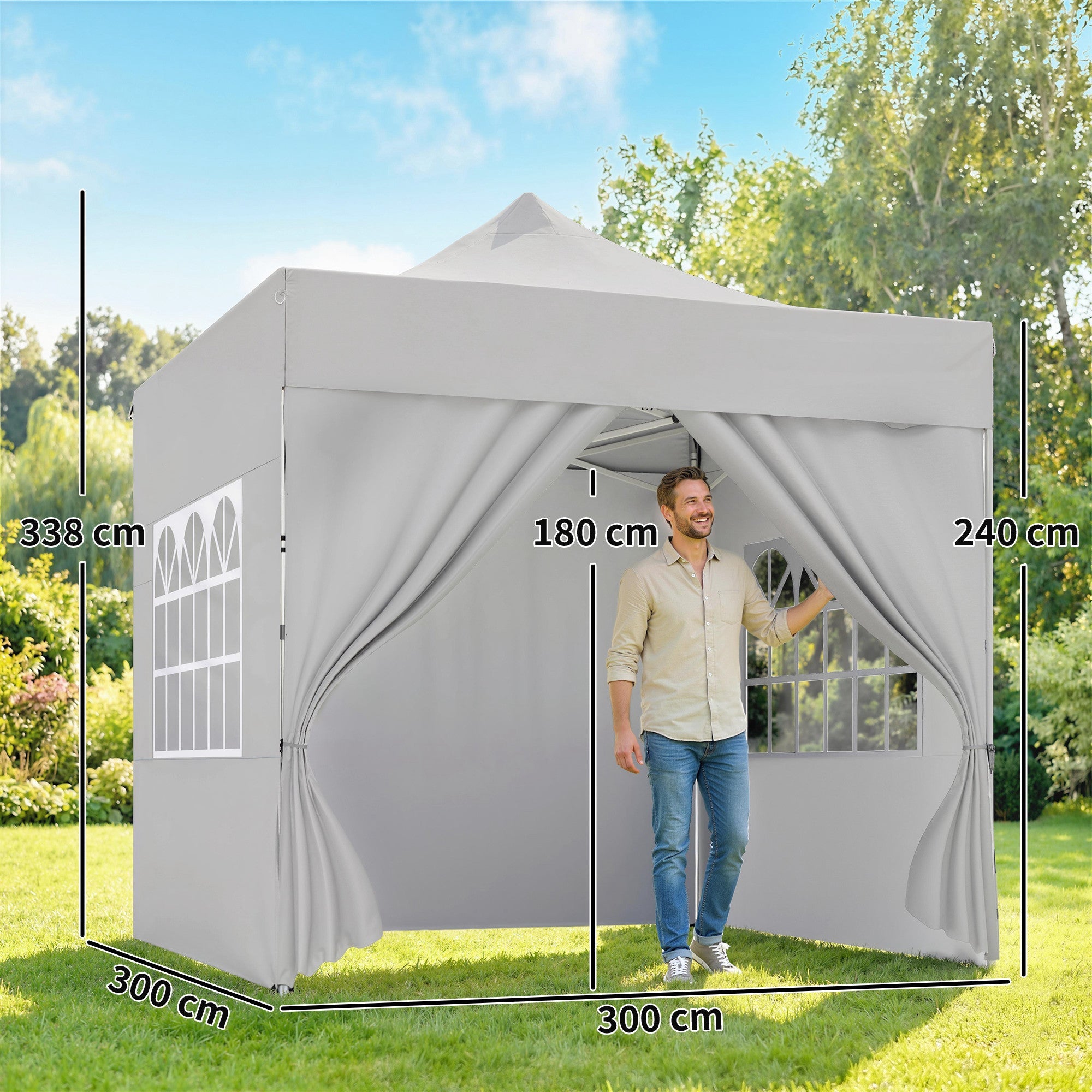 Outsunny 3 x 3 m Pop Up Gazebo with Sidewalls, UPF50+ Heavy Duty Garden Party Tent Marquee with Wheeled Carry Bag, Silver Grey