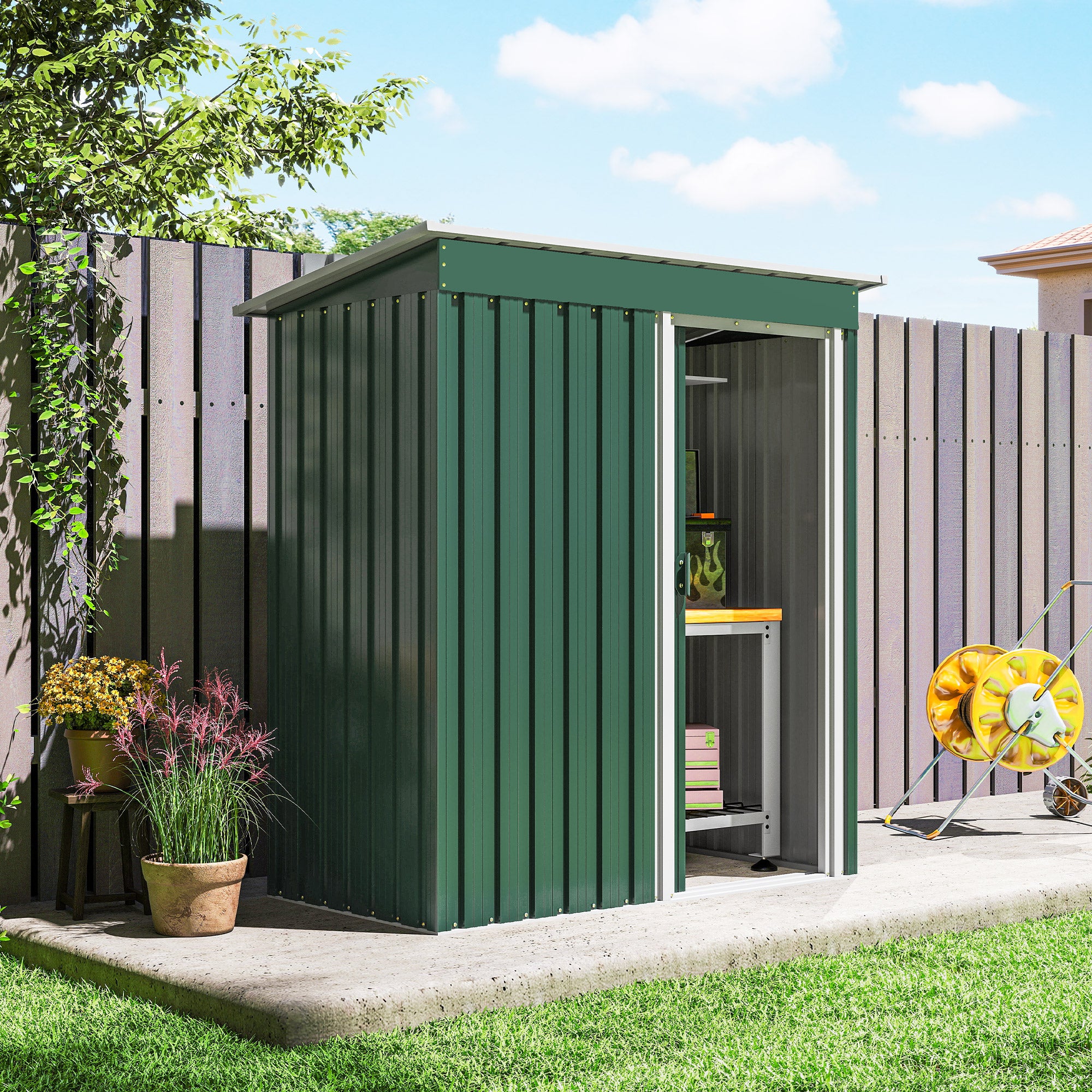 Outsunny 5 x 3ft Garden Storage Shed with Sliding Door and Sloped Roof Outdoor Equipment Tool, Green