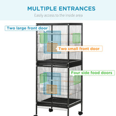 PawHut Bird Cage Budgie Cage 2 In 1 Large Aviary with Wheels Removable Trays for Finch Canaries Cockatiels Black