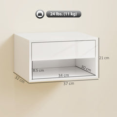 HOMCOM Set of Two Floating Bedside Tables, Wall Mounted Nightstand with Drawer and Open Shelf, High Gloss White