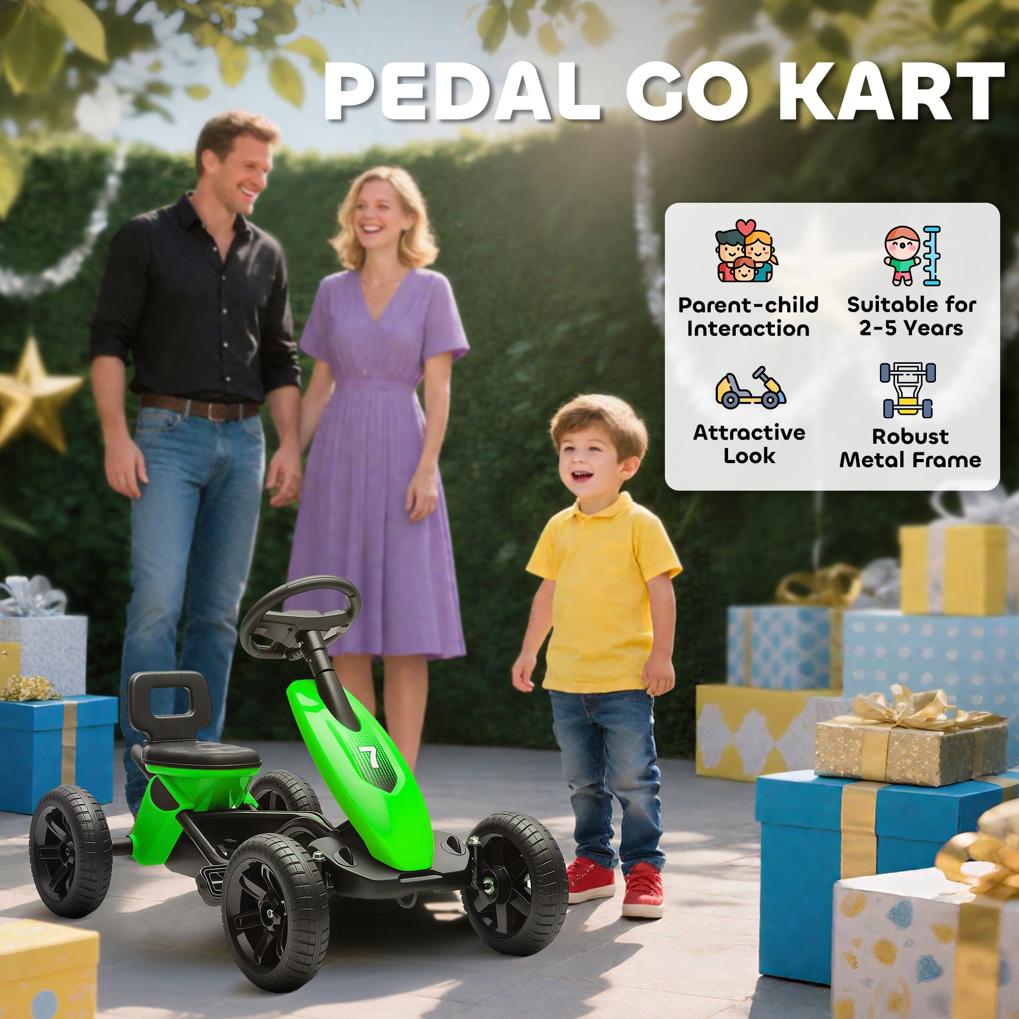 AIYAPLAY Pedal Go Kart for Kids 2-5 Years, with Silent EVA Wheels, Metal Frame, Green