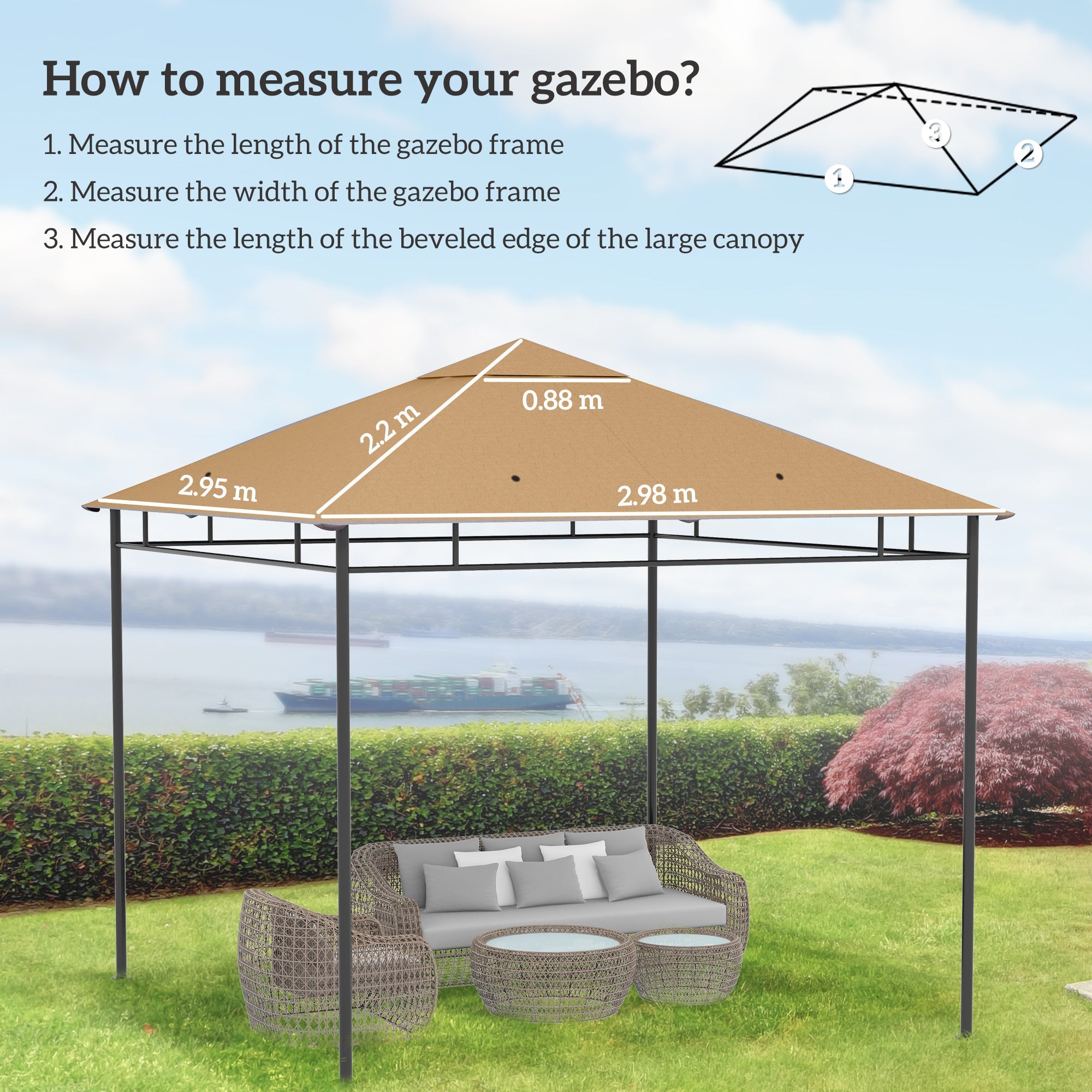 Outsunny 3 x 3 m Gazebo Canopy Replacement Cover, Garden Gazebo Roof Replacement with Drain Holes, TOP COVER ONLY, Beige