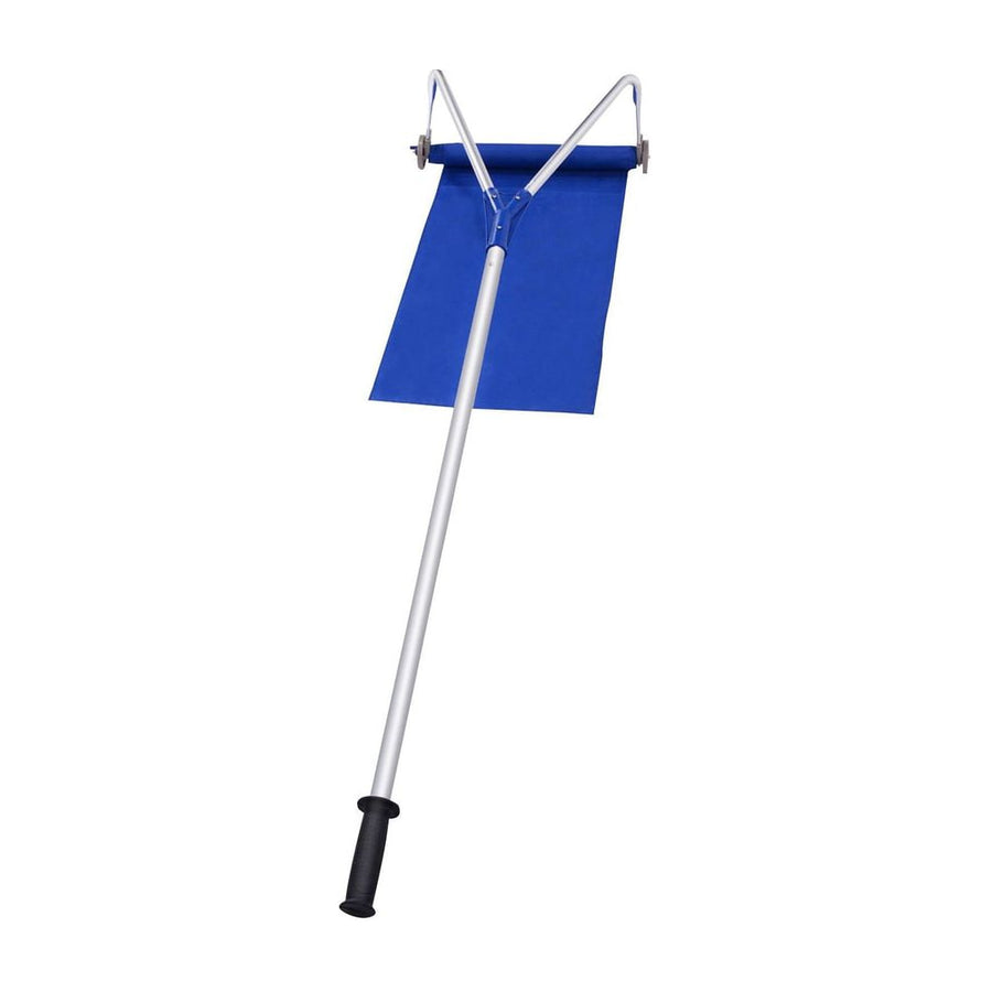 Extendable Snow Shovel Roof Rake with a long handle and blue fabric sheet