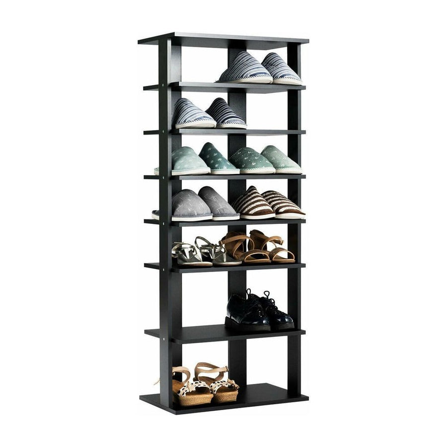 Extra Wide Wooden Vertical Shoe Rack with 7 Shelves, a tall black unit with seven shelves holding various shoes