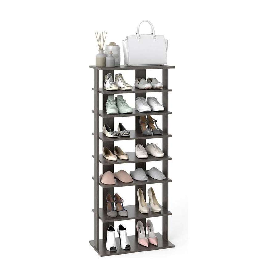 Extra Wide Wooden Vertical Shoe Rack with 7 Shelves filled with various pairs of shoes and accessories