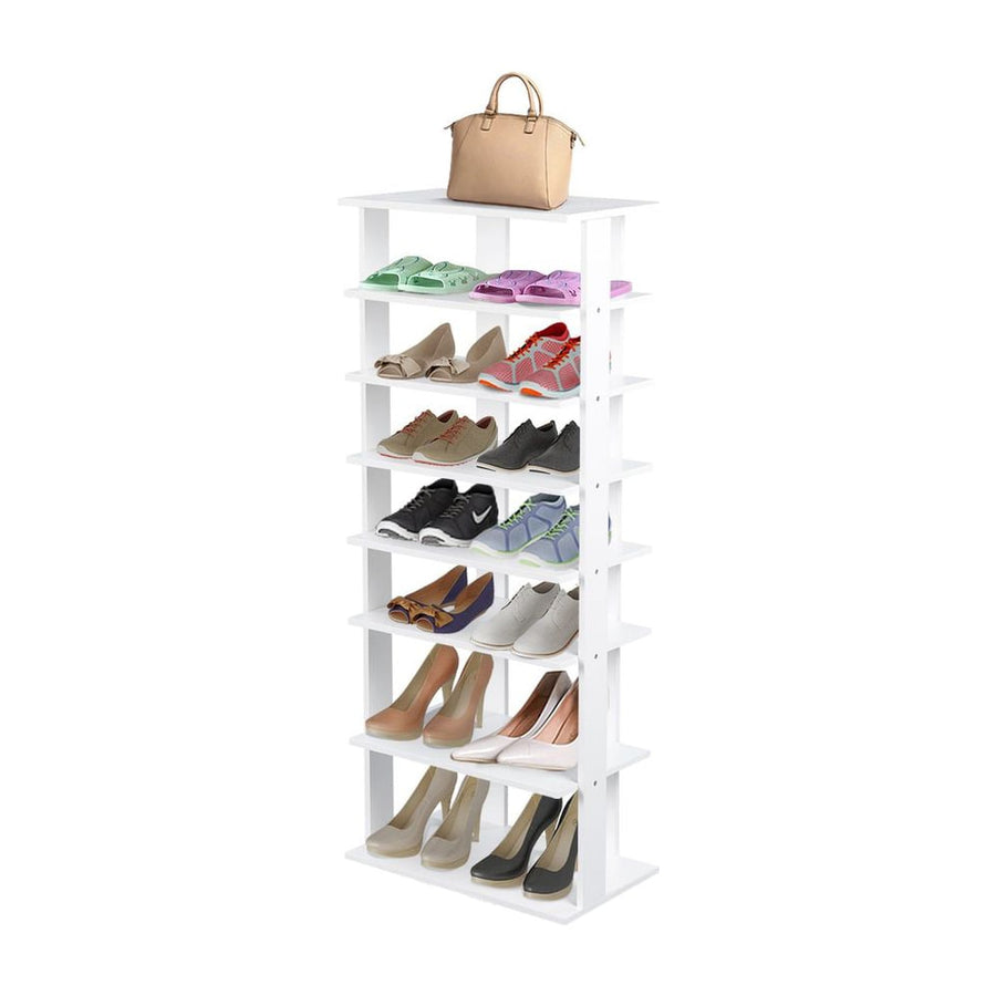 Extra Wide Wooden Vertical Shoe Rack with 7 Shelves, a tall white unit displaying various shoes on its shelves