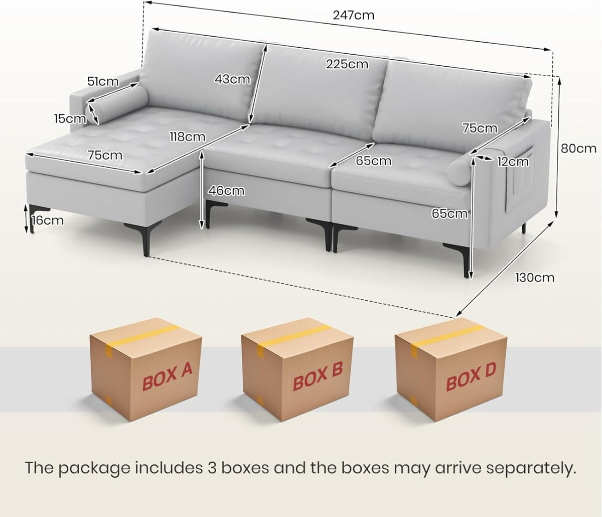 Extra Large L-Shaped Sofa with 4 USB Ports, Solid Metal Legs-Light Grey
