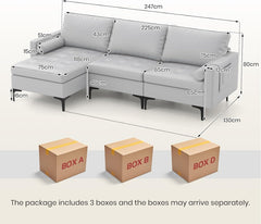 Extra Large L-Shaped Sofa with 4 USB Ports, Solid Metal Legs-Light Grey