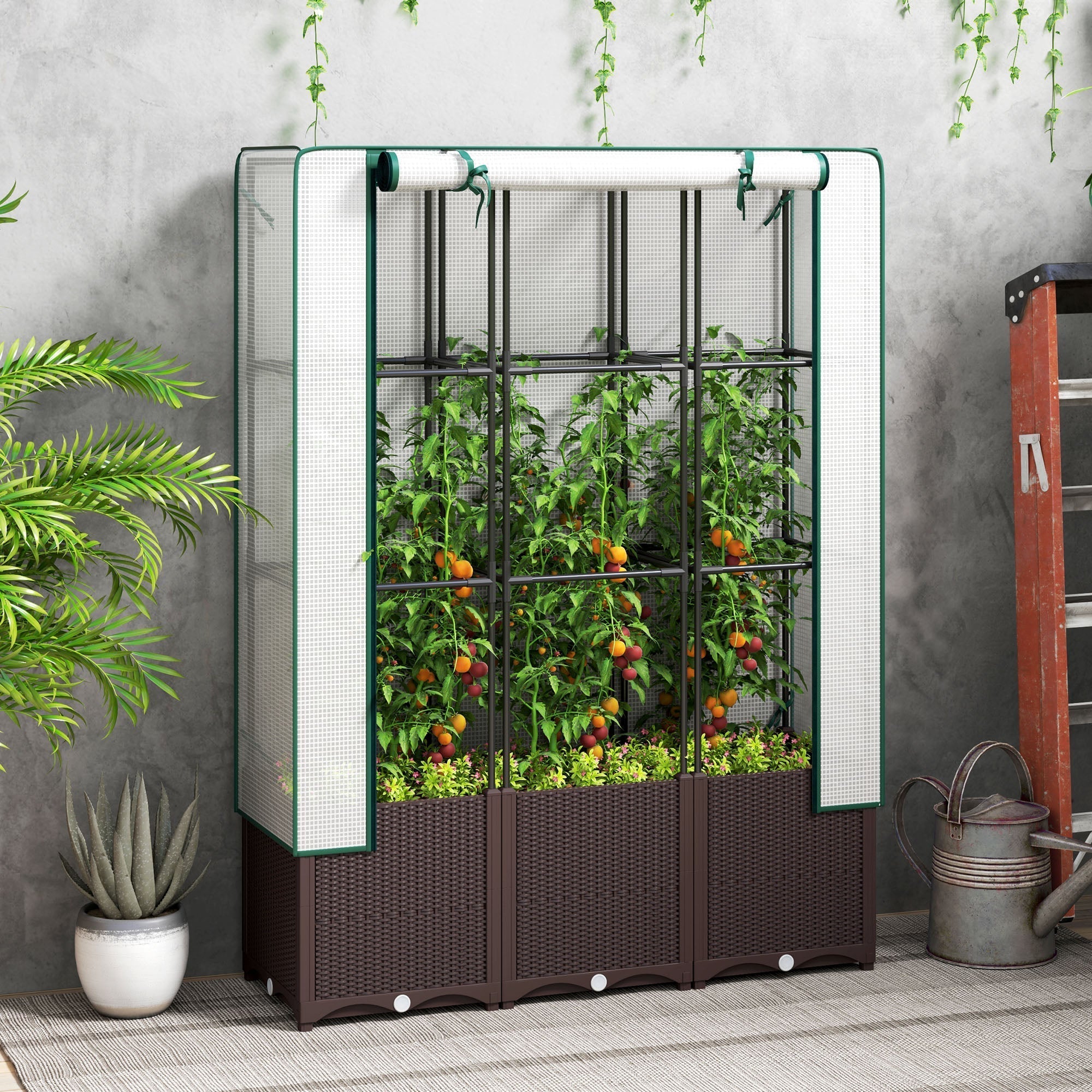 Outsunny Raised Garden Bed with Trellis, Plastic Planter Box with PE Cover, Drainage Holes, Drain Plugs and Water Reservoirs for Climbing Plants, Vegetables, Flowers, 120 x 40 x 140 cm