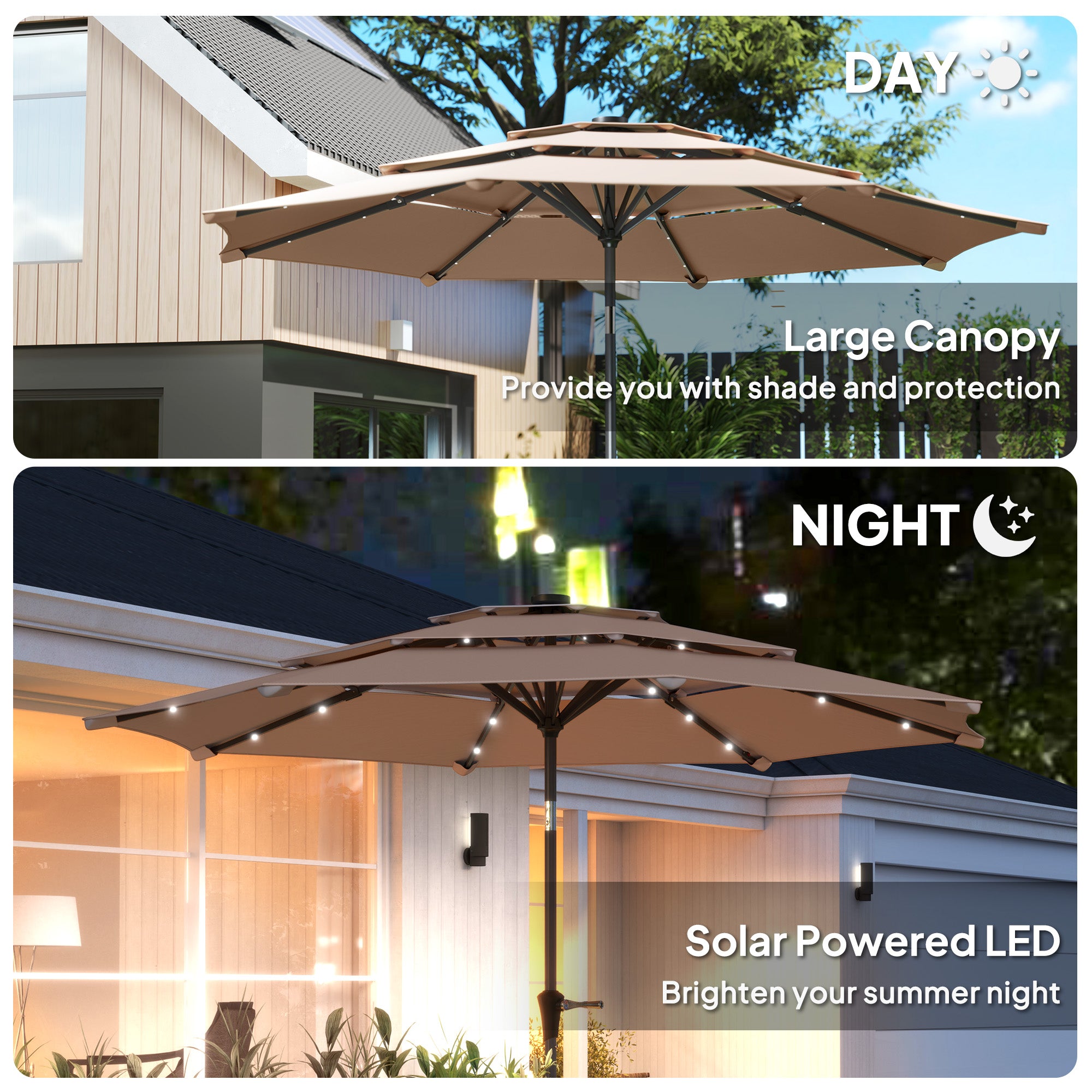 Outsunny 3-Tier Garden Parasol with Solar LED Lights, UPF 30+, Tilt Mechanism & Crank Handle, for Market Terrace, Khaki