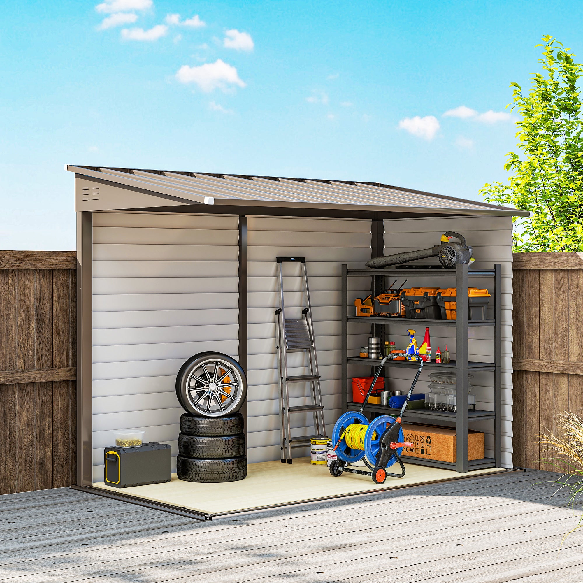 Outsunny 5 x 9ft Galvanised Metal Garden Shed with Foundation Kit, Outdoor Lean-to Shed, Tool Storage House with Lockable Doors, Gloves and 2 Air Vents for Patio, Garden, Brown