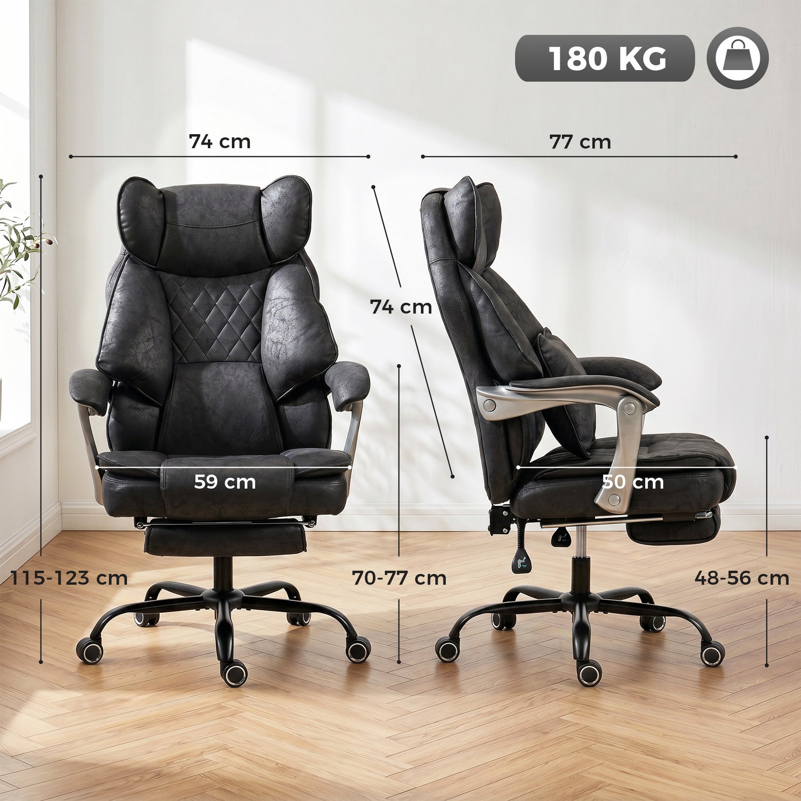 HOMCOM Executive Office Chair, Leathaire Big and Tall Office Chair 180 kg with Wide Seat, Reclining, Lumbar Support, Black
