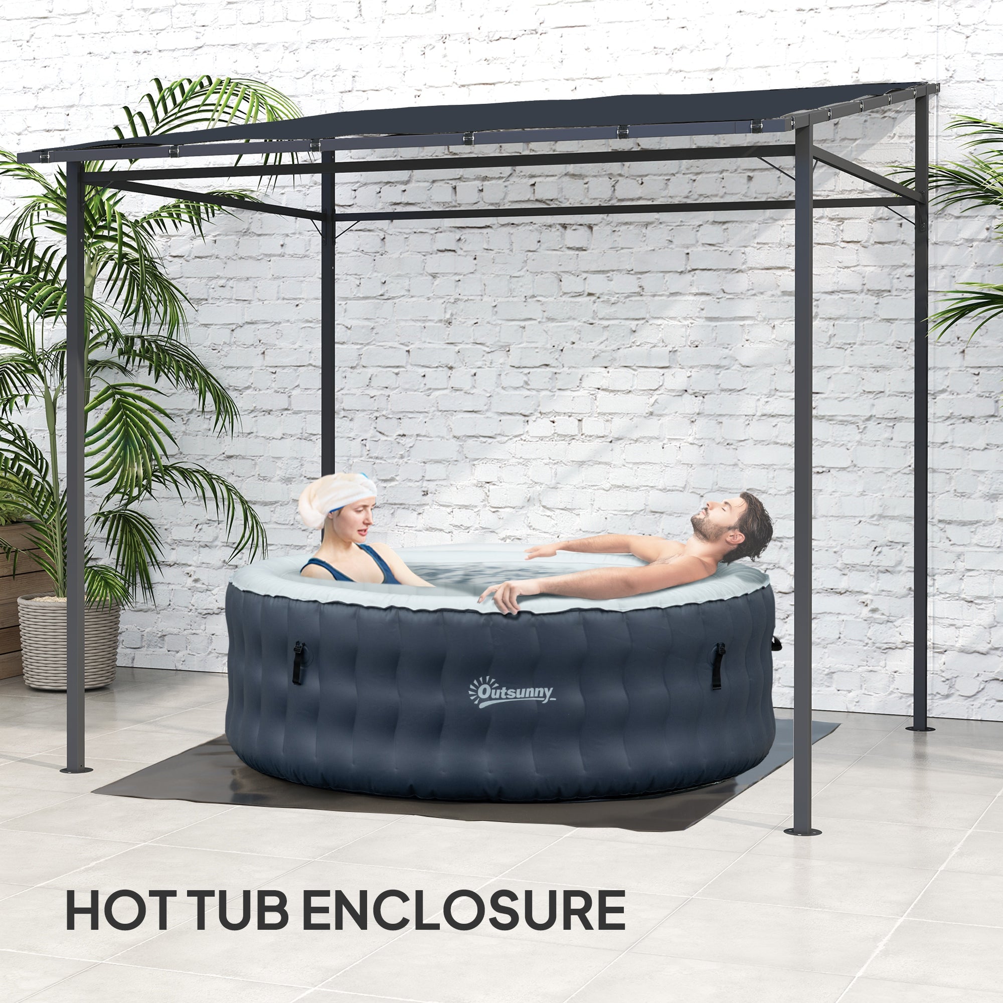 Outsunny 2.4 x 2.4 m Wall Mounted Pergola Gazebo with PA Coating Fabric and Metal Frame, UPF30+, Lean to Garden Gazebo, Wind Resistant Outdoor Sun Shade Shelter for Garden, Deck, Dark Grey