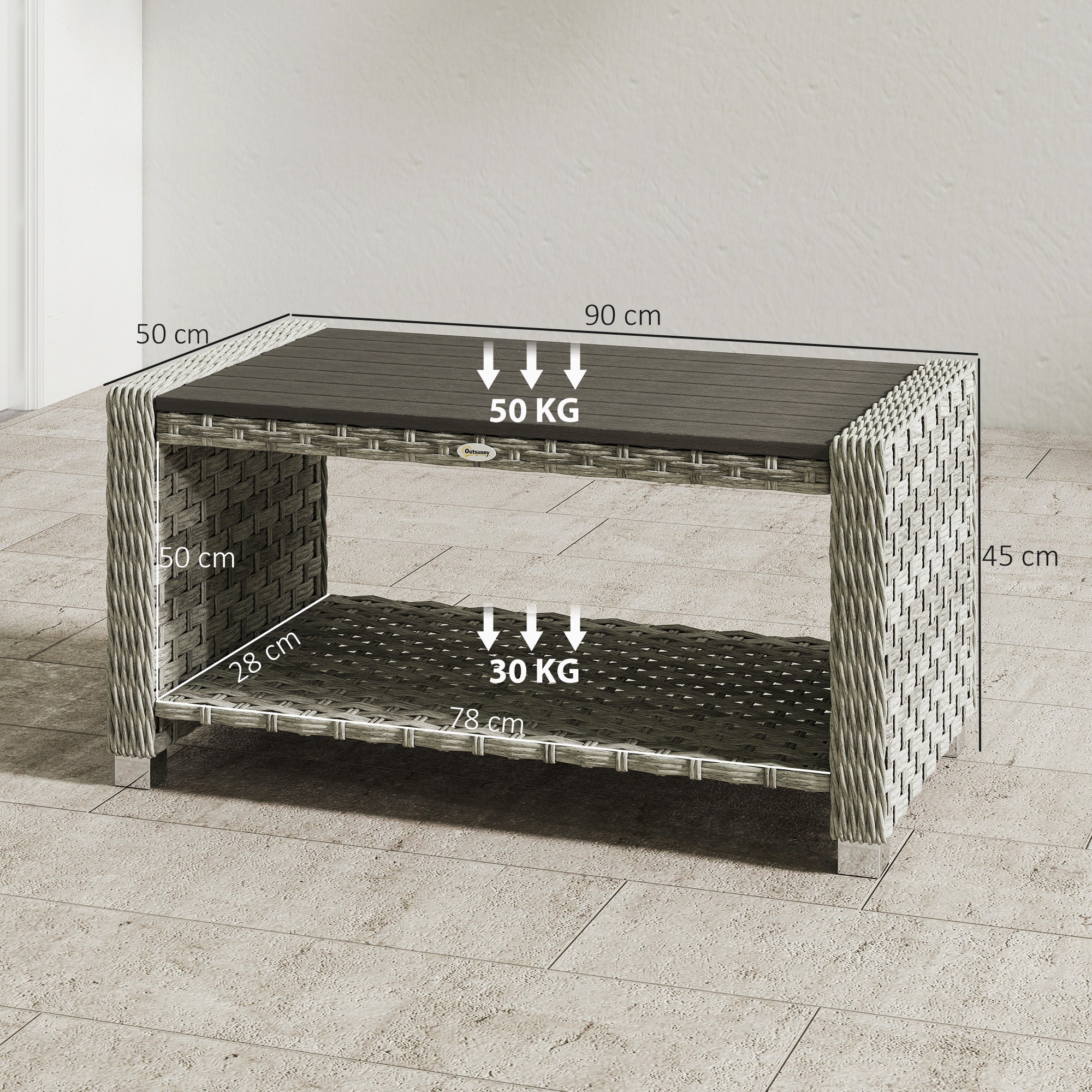 Outsunny Outdoor Side Table with 2-tier Storage Rattan End Table for Patio 90 cm Grey