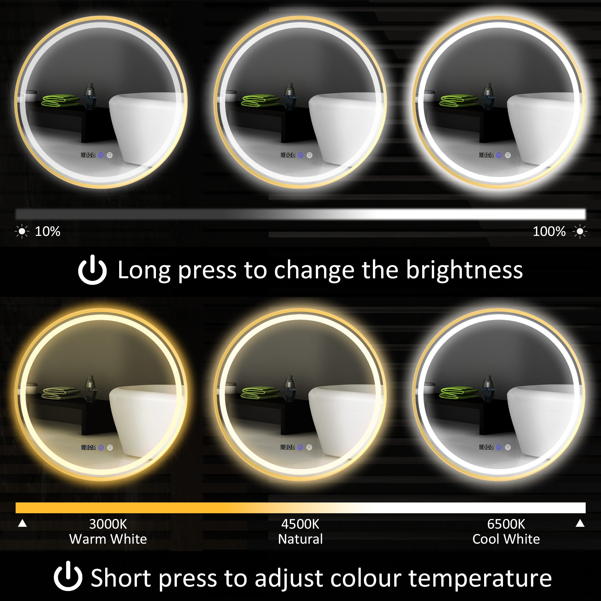 HOMCOM 60cm Anti-Fog LED Bathroom Mirror - Gold Tone