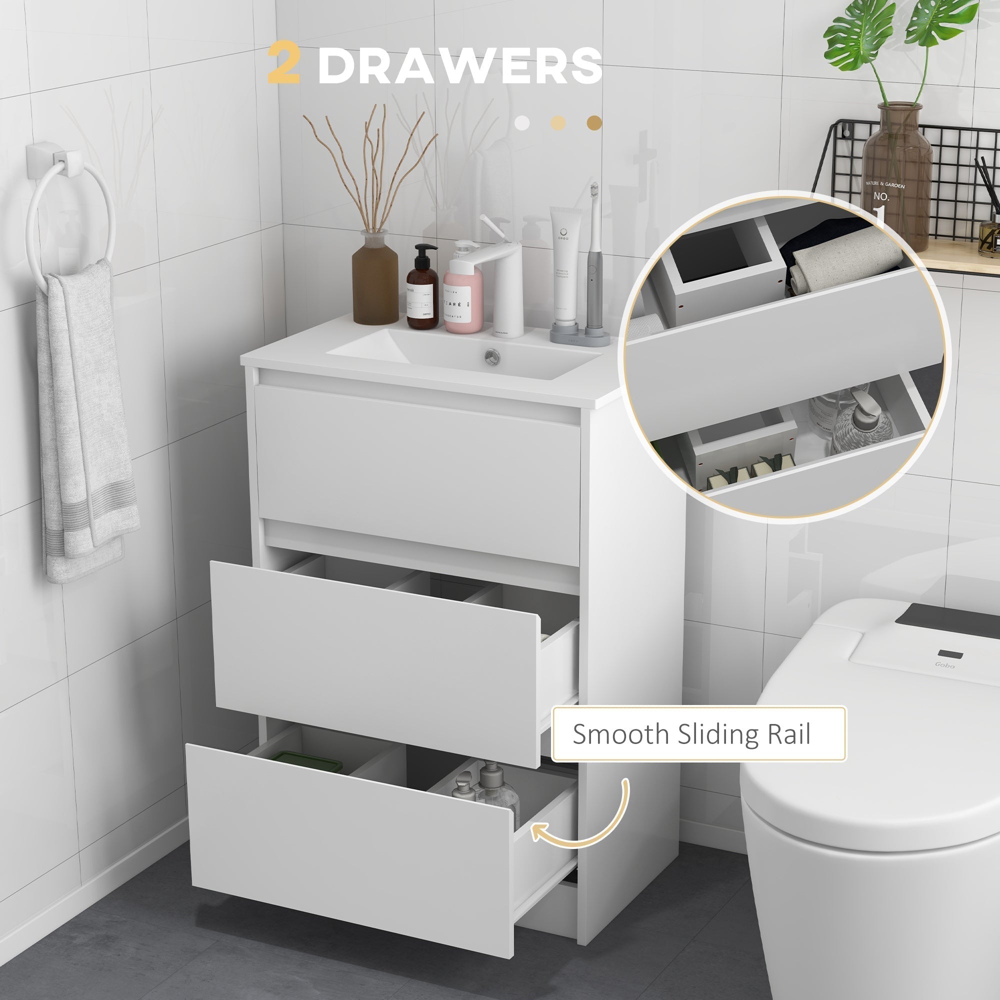 kleankin 600mm Bathroom Vanity Unit with Basin and Single Tap Hole, High Gloss White Floor Standing Bathroom Sink Unit with 2 Drawers for Cloakroom
