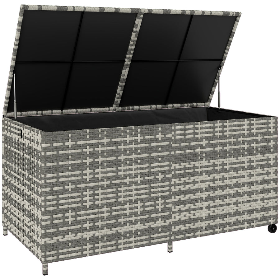 Outsunny 650L Garden Storage Box with 2 Wheels, Rattan Deck Box with Waterproof Zipped Liner, Safe Pneumatic Rods, Mixed Grey