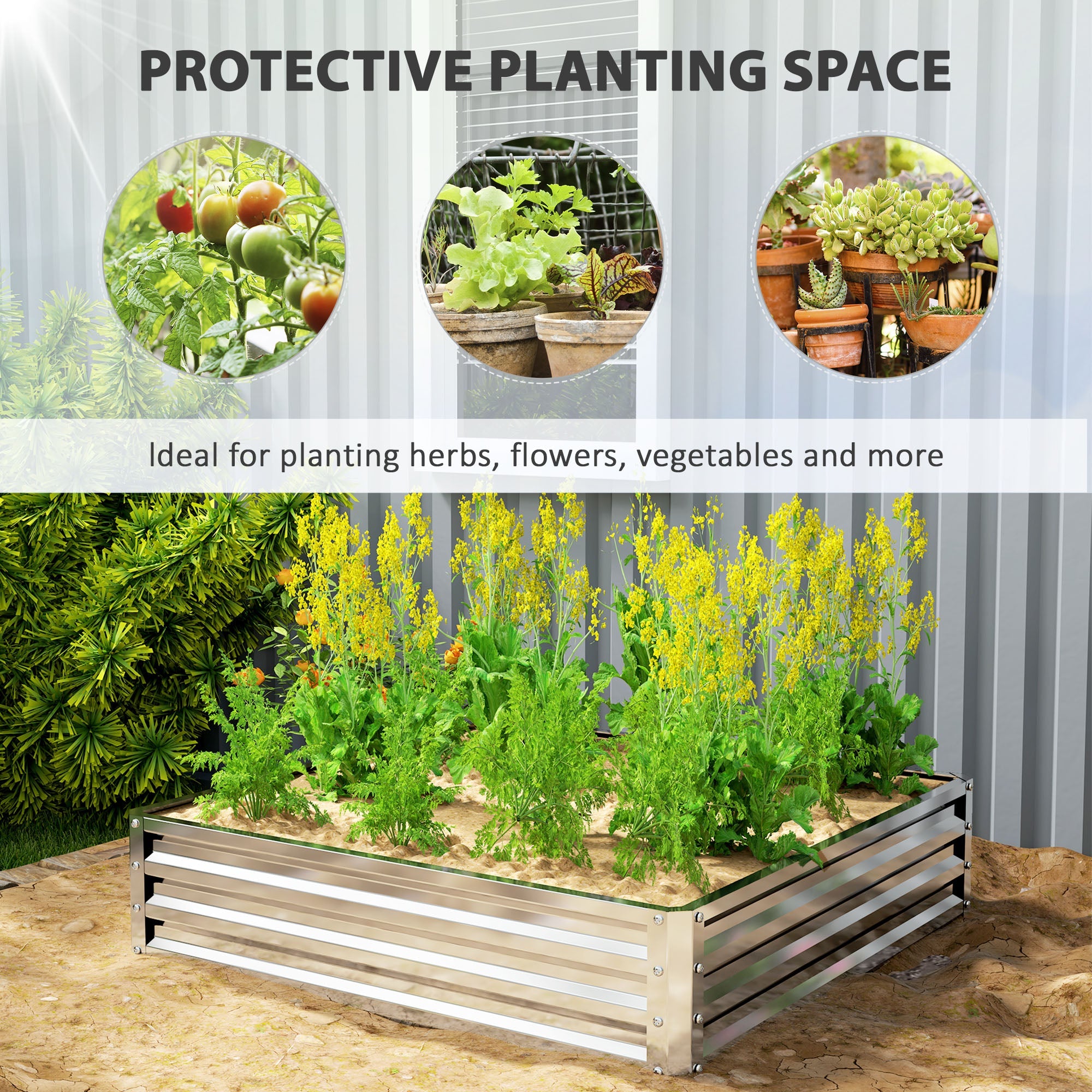 Outsunny Square Raised Garden Bed Box with Weatherized Steel Frame for Vegetables, Flowers, & Herbs, 120 x 120 x 30cm, Silver Tone