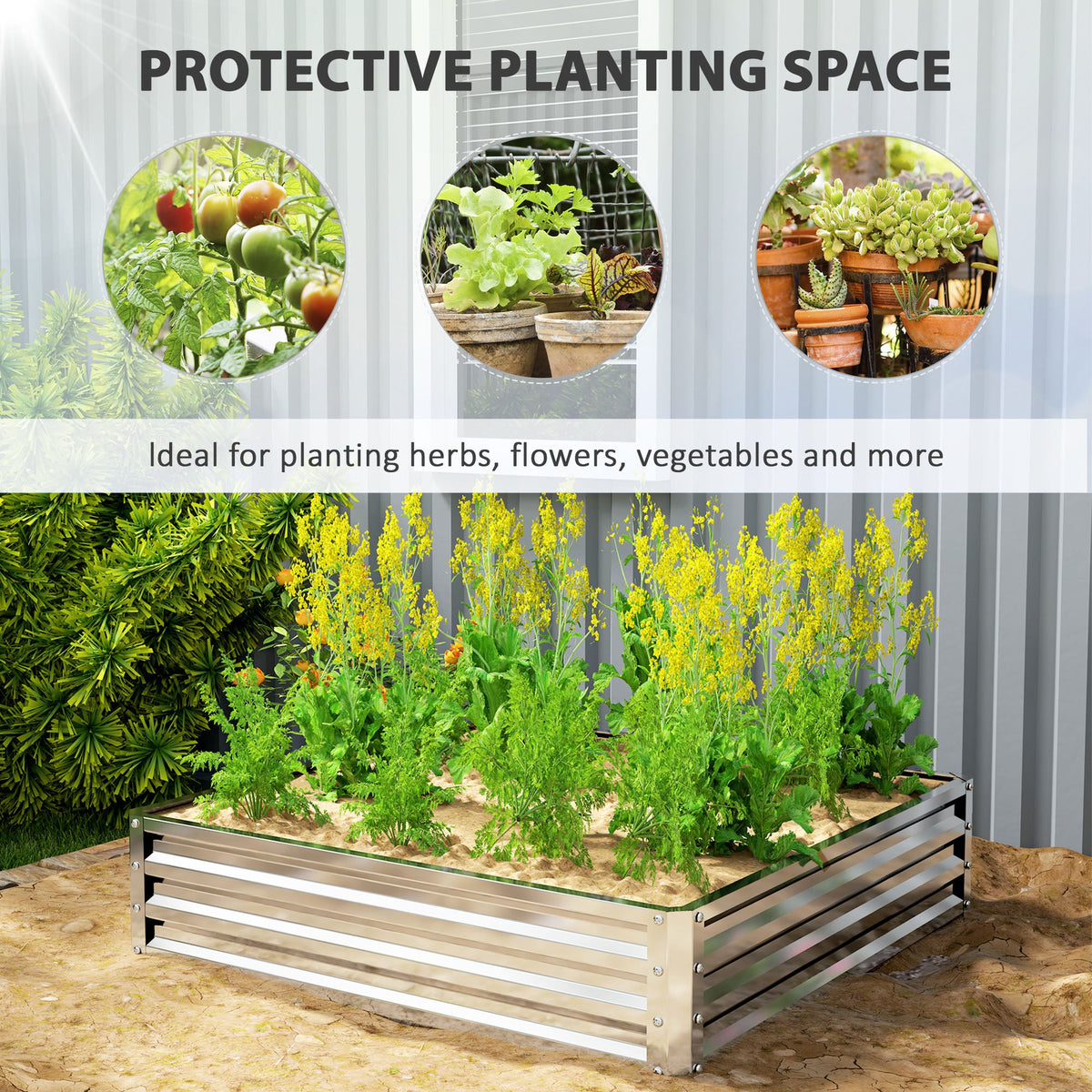 Outsunny Square Raised Garden Bed Box with Weatherized Steel Frame for Vegetables, Flowers, & Herbs, 120 x 120 x 30cm, Silver Tone