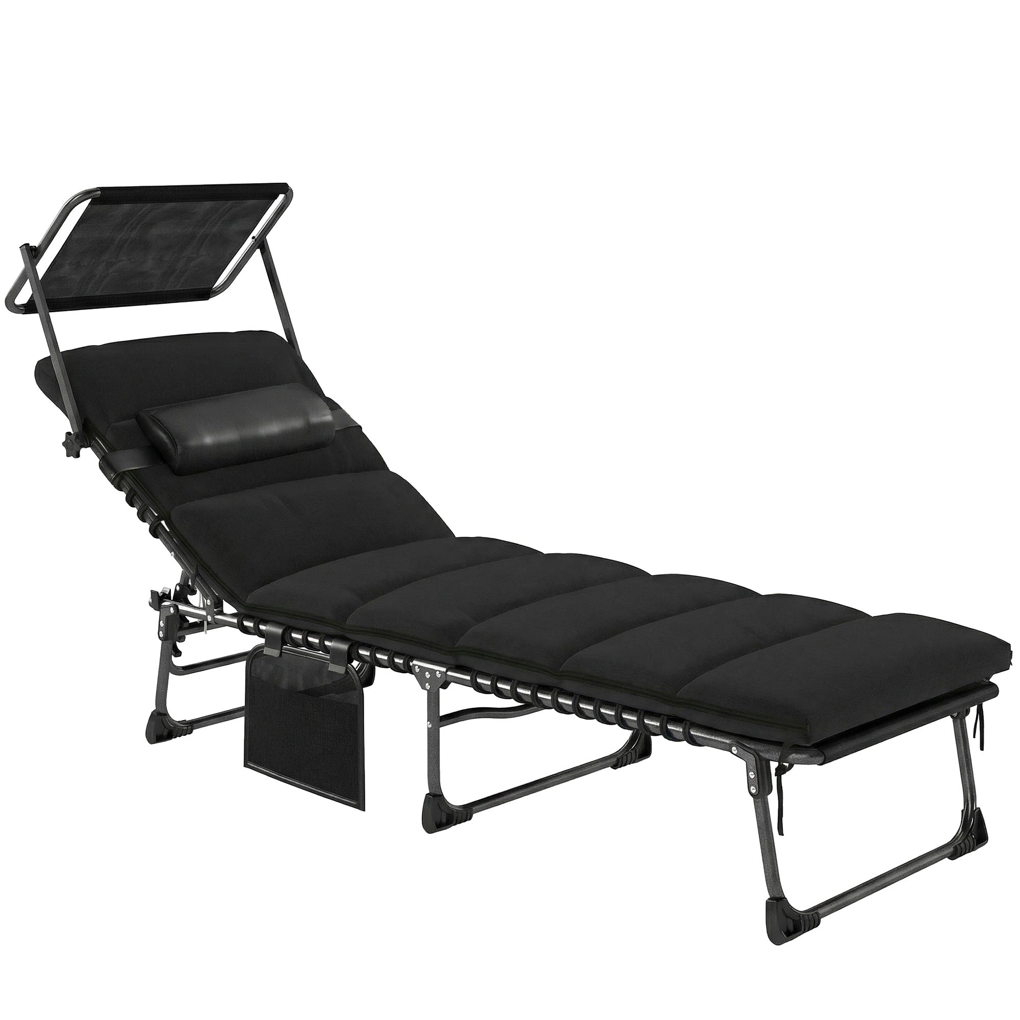 Outsunny Folding Sun Lounger with Canopy, Reclining Sunbed with Cushion, Side Pocket, Carrying Handle, Black