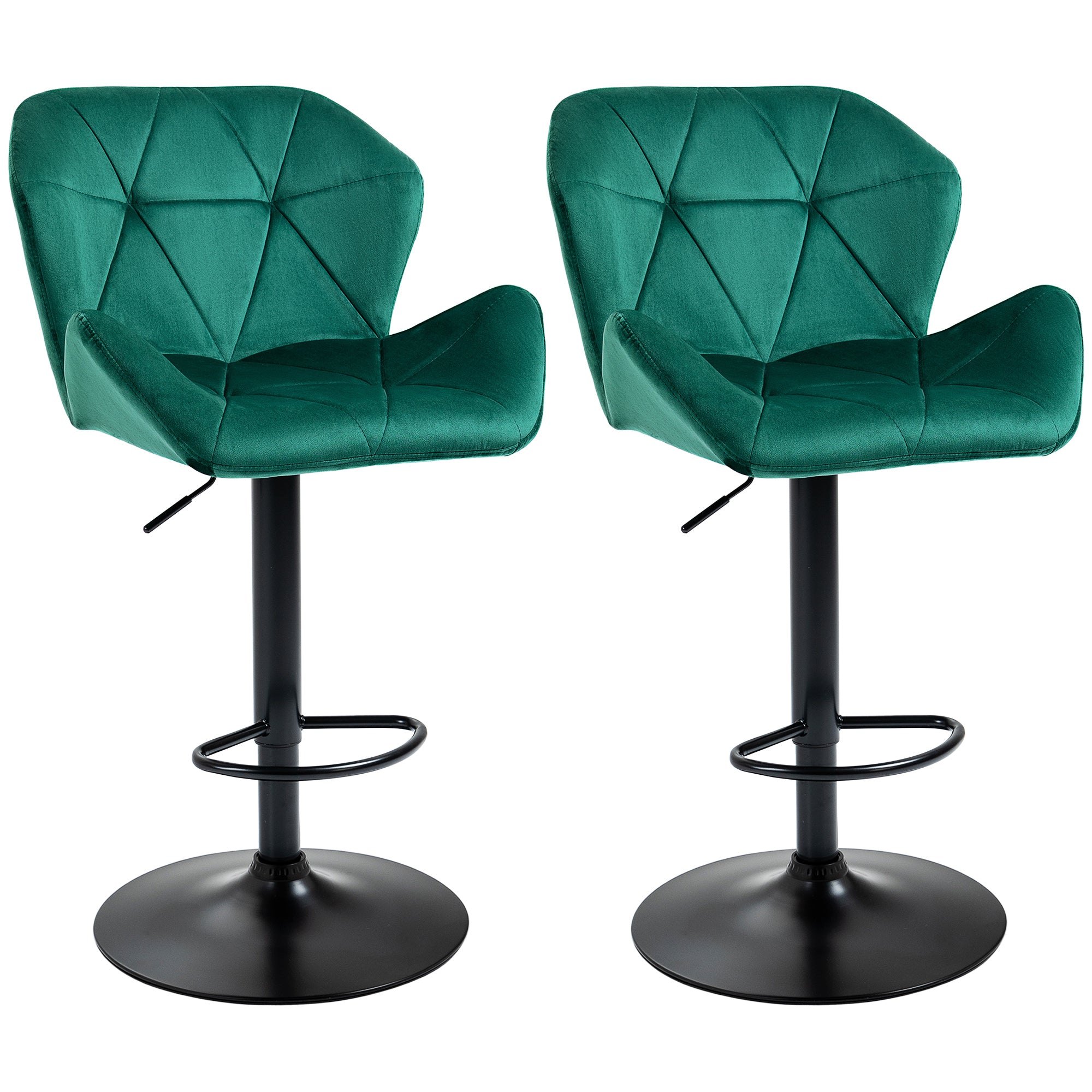 HOMCOM Bar Stools Set Of 2, Velvet-Touch Barstools with Metal Frame Footrest and Adjustable Height, Green
