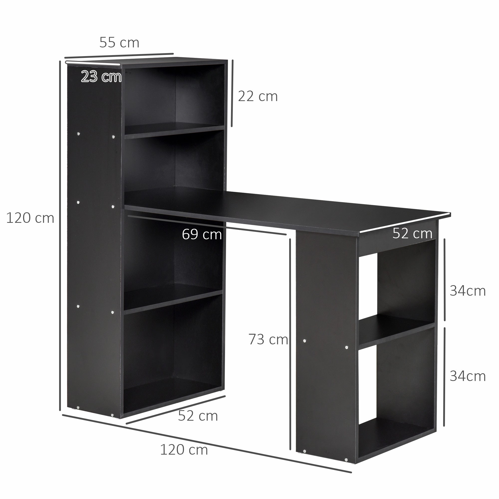 HOMCOM 120cm Computer Desk, Wooden PC Laptop Table with 6-Tier Storage Bookshelves, Home Office Working Study Desk, Writing Workstation, Black
