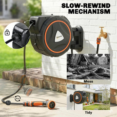 Outsunny 28+2m Retractable Hose Reel Wall Mounted with Auto Retraction, Self-Locking, Slow Return System, 12-Pattern Nozzles