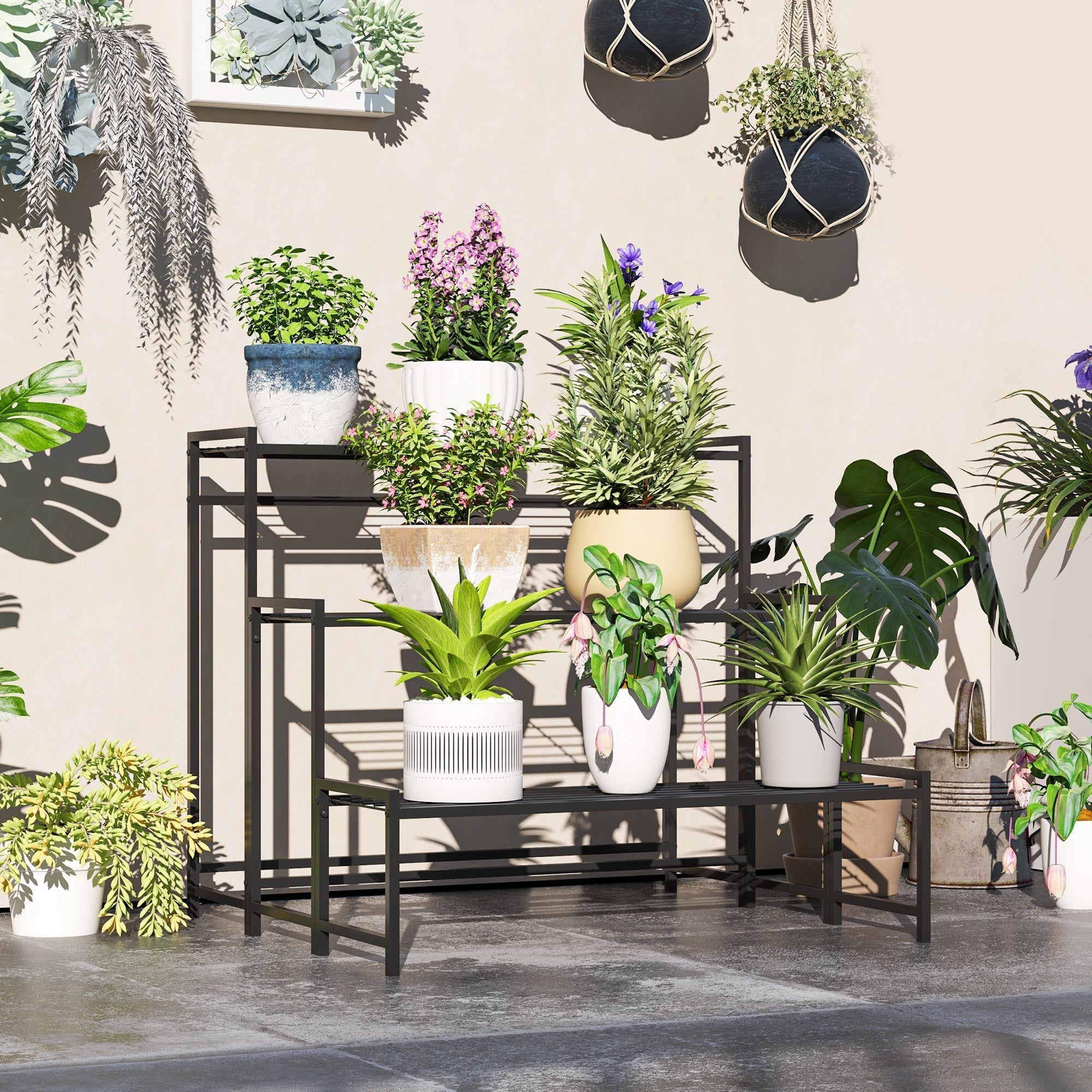Outsunny Three-Tier Metal Plant Shelf - Black