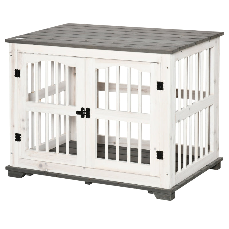 Wooden Dog Crate Furniture Pet Kennel Cage End Table for Small Medium Dogs, Indoor, White, 85.5 x 59.5 x 68 cm